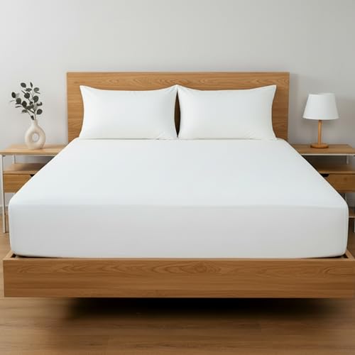 Etrexonline Juego de 3 Piezas Sábana Bajera Ajustable Cama 150x200 cm con 2 Fundas de Almohada 45x70 cm, Altura 30 cm, Microfibra Suave - Color Blanco