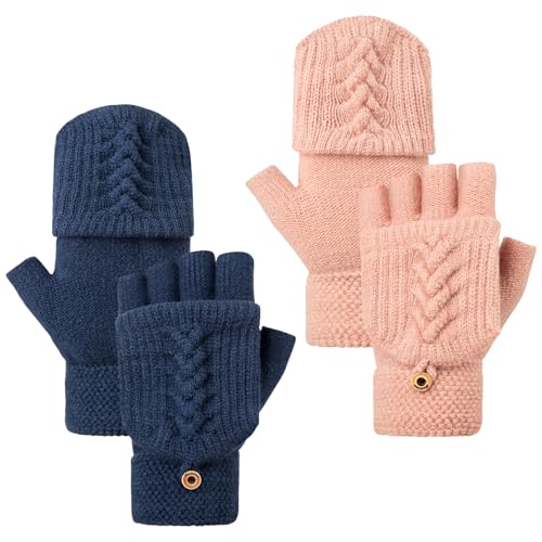 YSense Womens Winter Gloves, 2 Pack Warm Knitted Convertible Fingerless Gloves for Women Gifts with Mittens Cover Cap