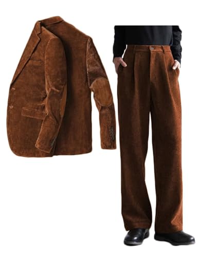 ONAXTDA Elbow Patch Corduroy 2 Piece Jacket Pants Set for Men Two Button Casual Txuedo for Prom Party Wedding