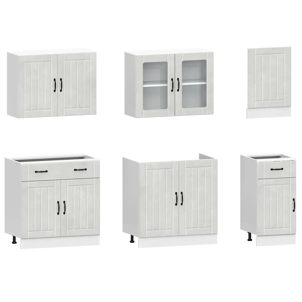 Mobili da cucina Lucca, set di 7 mobili da cucina moderni in legno grigio cemento, blocco da cucina con pensili e pensili per molto spazio in cucina