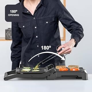 Black+Decker – Grill BXGR1001E | 1000W | Apertura 180º | Piastre 23x14,5cm con blocco | Doppio strato antiaderente | PFOA free | Piastra basculante | Vaschetta di raccolta | Spie luminose | Cool-touch