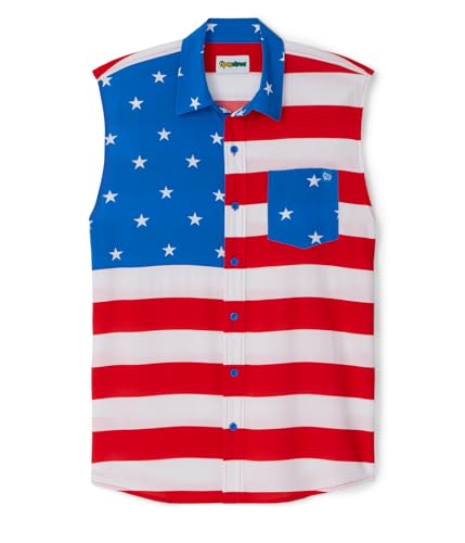 Tipsy Elves Patriotic Shirts for Men - USA Short Sleeve Button Up American Flag Shirts for Men for 4th of July - Mens Sleeveless Stripes Button Down Shirt Size Medium