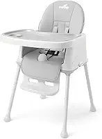PIPDIP Cadeirão de Alimentação para Bebê, Portátil, Modelo 2 em 1, Idade 6 meses até 2 anos, Suporta até 23kg, Cinto 3 Pontos, com Capa, Sobrebandeja, Apoio Pés, Cinza e Branco.
