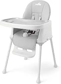 PIPDIP Cadeirão de Alimentação para Bebê, Portátil, Modelo 2 em 1, Idade 6 meses até 2 anos, Suporta até 23kg, Cinto 3 Pontos, com Capa, Sobrebandeja, Apoio Pés, Cinza e Branco.