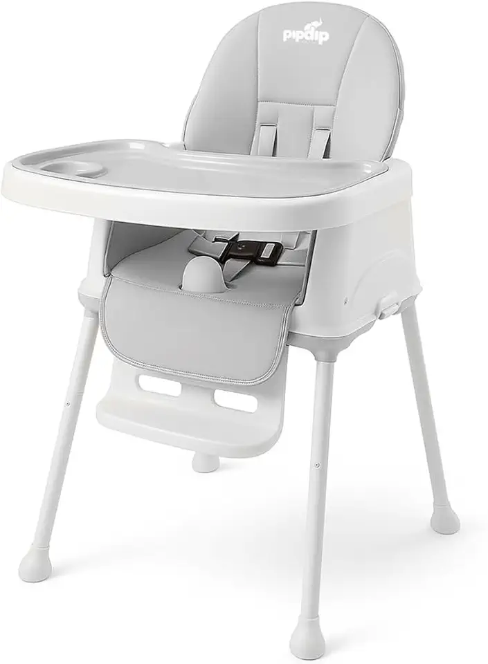 PIPDIP Cadeirão de Alimentação para Bebê, Portátil, Modelo 2 em 1, Idade 6 meses até 2 anos, Suporta até 23kg, Cinto 3 Pontos, com Capa, Sobrebandeja, Apoio Pés, Cinza e Branco.