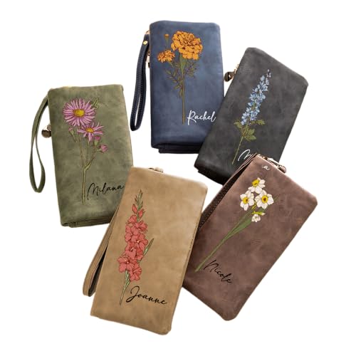 callie moment Personalized Wallets for Women Custom Wallet with Watercolor Birth Flower & Name PU Leather Tri-Fold Wristlet Wallet Women Card Holder Birthday Anniversary Christmas Gift