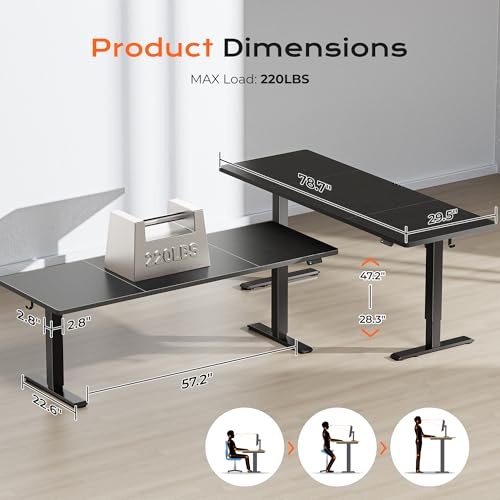 Image of Huuger 78.7'' x 29.5'' Large Electric Standing Desk, Height Adjustable Computer Desk, 29.5 inch Deep Desktop, Stand up Gaming Office Desk with 2 Hooks, 3 Preset Heights, for Home Office, Black