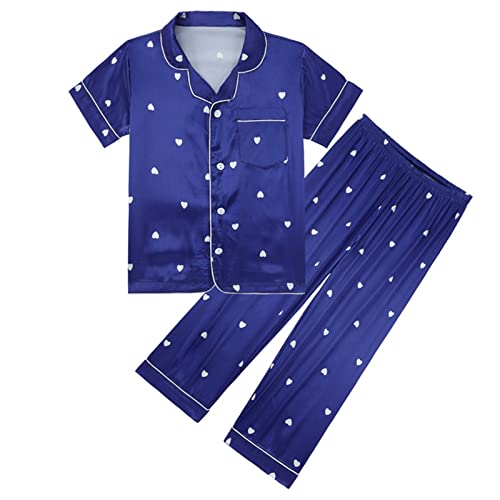 Girls Satin 𝐏a𝐣amas Set Silk Button-Down 𝐒lee𝐩wear 𝐏𝐣s Short Sleeve Shirt and Long Pants Kids Cute Pattern 𝐍𝐢ghtwear