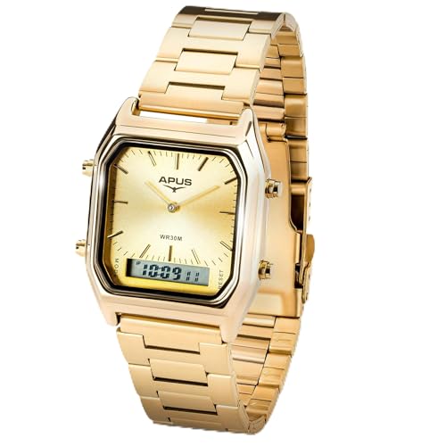 APUS Kappa Unisex Armbanduhr Quarz Analog & Digital – Edelstahlgehäuse Gold quadratisch – Edelstahlarmband Gold – Kalender, Tag & Monat – 38 mm Durchmesser – 3 bar wasserdicht