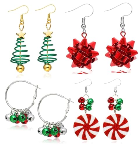Christmas Earrings for Women Stocking Stuffers Christmas Gift 2026 Jingle Bells Tree Deer Santa Candy Snowflake Bow Holiday Earrings Set Holiday Jewelry Outfits Accessories White Elephant Gifts