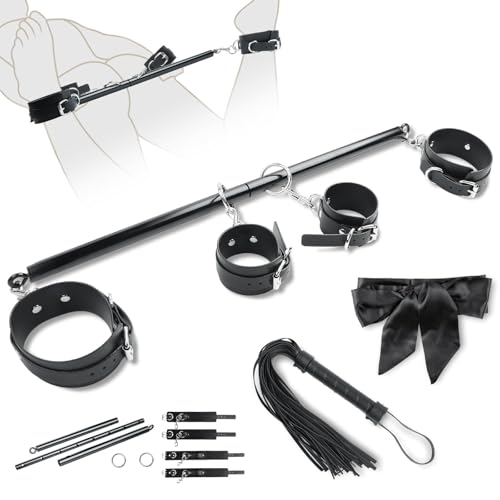 Barra separadora para bondage,kit de ataduras BDSM, juguetes sexuales para parejas,juguete sexual para adultos con 4 esposas ajustables, látigo y venda para los ojos,equipo y accesorios bondage(negro)