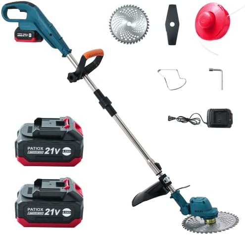 PATIOX Weed Wacker Cordless - Electric Weed Eater Rechargeable 3 in 1 - Two 4.0 Ah Battery Powered Weed Whacker Cordless 21V Grass Edger Trimmer with Blade and Charger (A-Brushless-1)
