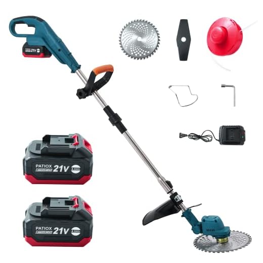 Battery Powered Weed Eater Cordless- Electric Weed Wacker Rechargeable- Two 4.0 Ah Battery Operated Weed Whacker Cordless 21V Grass Edger Trimmer with Blade and Charger- Lawn Yard Garden Brushless-1