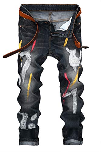 Men's Straight Slim Fit Ripped Distressed Jeans Pants,Paint Printed (Paint 05165, 42)