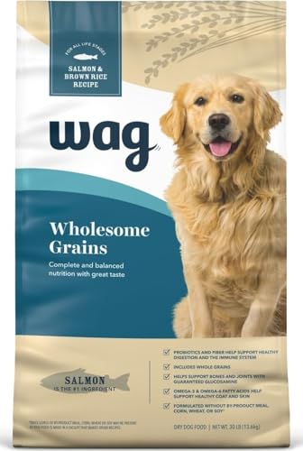 Image of Amazon Brand - Wag Wholesome Grains Dry Dog Food with Salmon and Brown Rice, 30 lb Bag (Pack of 1)