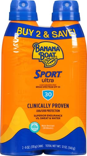 Banana Boat Sport Ultra SPF 30 Sunscreen Spray Twin Pack | Banana Boat Sunscreen Spray SPF 30, Spray On Sunscreen, Water Resistant Sunscreen, Oxybenzone Free Sunscreen Pack, 6oz each