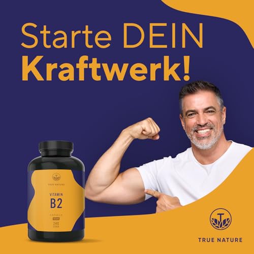 Vitamin B2 Riboflavin - Hochdosiert: 250mg Riboflavin - 240 Kapseln (Big Pack) - Unterstützt Energiestoffwechsel, Haut und Nerven - Laborgeprüft - Vegan & Deutsche Produktion - TRUE NATURE