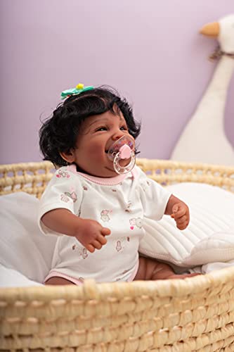 Wamdoll 49CM So Truly Sweet Happy African American Newborn Premie Girl Crafted in Silicone Vinyl Full Body Real Hand Rooted Hair Black Skin Reborn Baby Doll 19 inches Anatomically Correct
