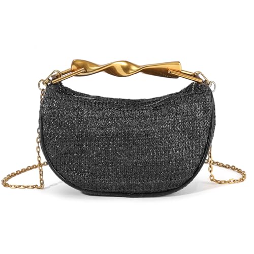 CUXVA Straw Clutch Bag for Women Mini Summer Satchel Purse Fashion Woven Crossbody Shoulder Handbags with Chain Strap