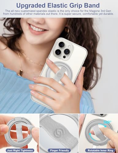 Image of EWA MagOne 3rd Gen [Compatible with MagSafe] Phone Grip Stand with Finger Strap, Removable Magnetic Ring Holder Kickstand Loop for iPhone 17,16,15,14,13,12 Series (Silver)