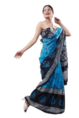 Image of Crafts Moda Pure Cotton Floral Print Saree with Blouse for Women