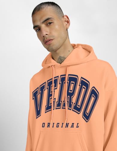 Image of Veirdo Fleece Oversized Baggy Fit Hooded Sweatshirt Drop Shoulder Typographic Logo Printed Full Sleeve Hoodie for Men (Avaiable in Colors: Copper Tan, Rust & Red)