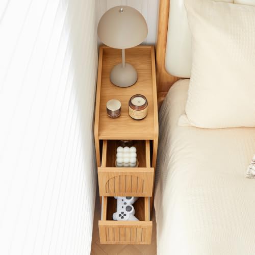 Image of Narrow Nightstand Set of 2, Wooden Small 2 Drawer Nightstand, Slim Side End Table, Skinny Bedside Table, Mid Century Modern Night Stand with Drawers for Bedroom (Yellowish Natural)