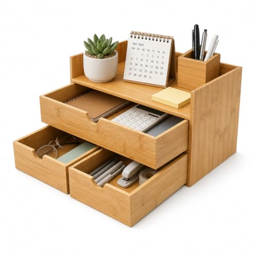 Amrgtucf Schreibtisch-Organizer, Holz-Schubladen-Organizer mit 3 Schubladen