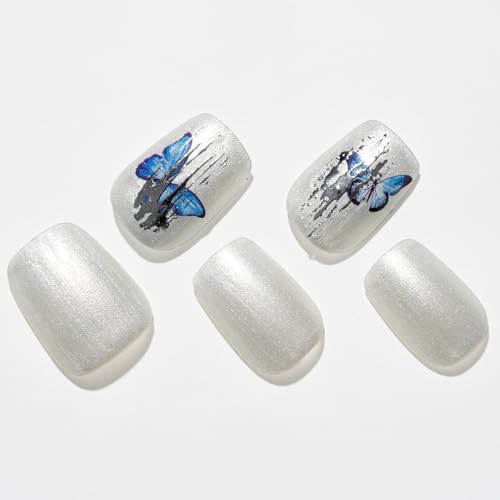 GLAMERMAID Press on Nails Extra Short Square, Fall Handmade Sliver with Butterfly Gel Glue on Nails, Glossy Fake Nails Reusable Acrylic False Nails Manicure Kits for Women — view 2