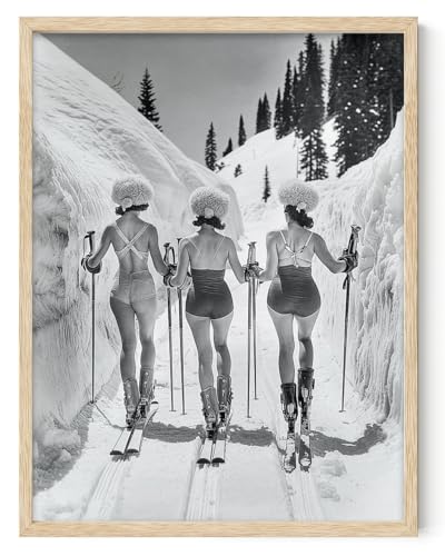 Sexy Women Skiing Vintage Print - 18x24 Framed Print Poster