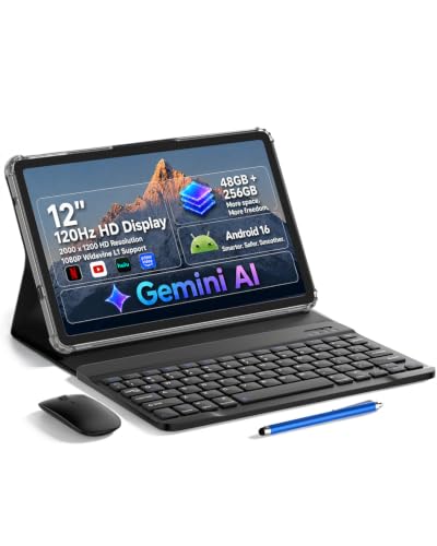 Image of HNVHNV 12 inch Android 16 Tablet with Keyboard, 48GB+256GB+2TB Expand, 120Hz 2K IPS Display, Gemini AI, 10000mAh, Octa-Core, WiFi 6, 13MP Camera, Large Tablet PC with Case, Mouse, Stylus (Gray)