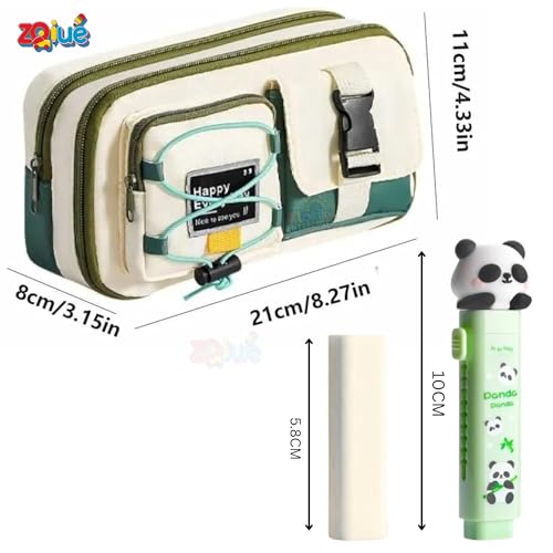 Image of Happy Every Day Pencil Pouch for School with Cute Panda Push Pull Eraser Set, Large Capacity Aesthetic Pencil Case, Multi-Compartment Pen Organizer for Kids Girls Students