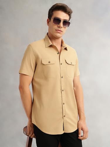 Image of Thomas Scott Men's | Solid | Half Sleeve | Slim Fit | Linen Blend | Double Flap Pocket | Spread Collar | Casual Shirt for Men