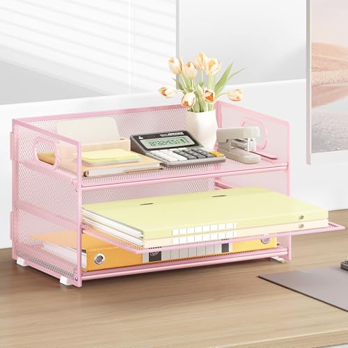 Pochette pour documents A4 et rangement de bureau en treillis rose à 3 niveaux