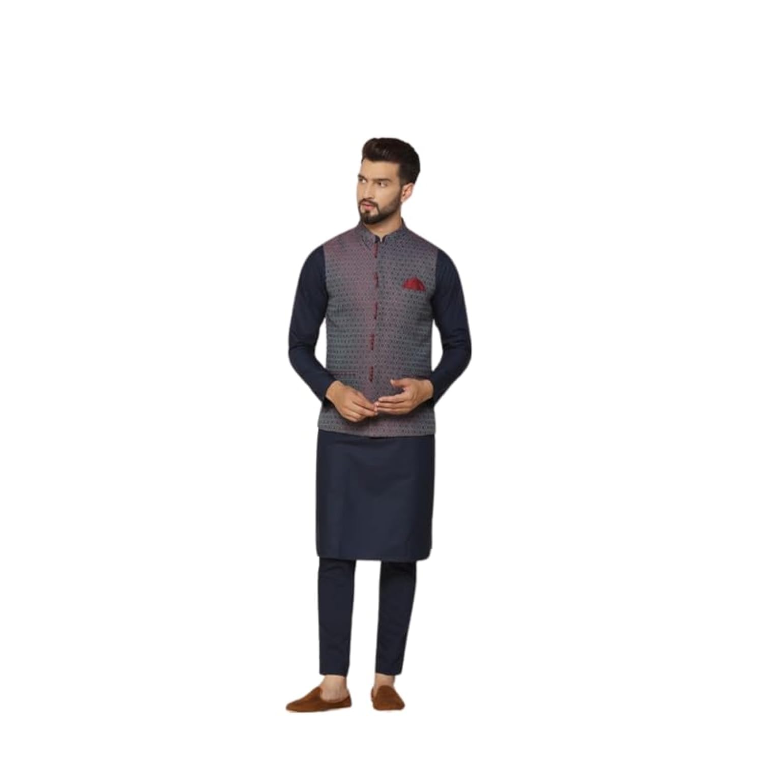 Kisah Men's Kurta Jacket Trouser Set, Blue Cotton Blend, Woven Design Full Sleeves Regular Fit Mandarin Collar (Xl)