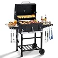 MELLCOM Charcoal Grill with Wood Foldable Side Table - 338 Sq.In BBQ Area with Individual Lifting Charcoal Trays & Thermometer, Charcoal Grill for Outdoor, Picnic