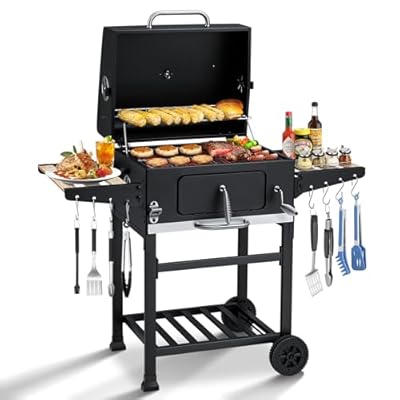 MELLCOM Charcoal Grill with Wood Foldable Side Table - 338 Sq.In BBQ Area with Individual Lifting Charcoal Trays & Thermometer, Charcoal Grill for Outdoor, Picnic