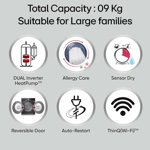 Image of LG 9 Kg, Wi-Fi, Dual Inverter Heat Pump, Eco-Hybrid Technology Fully Automatic Front Load Dryer (DHV09SAM, Double Layer Air Filter, Allergy Care, Auto Cleaning Condenser, Middle Black)