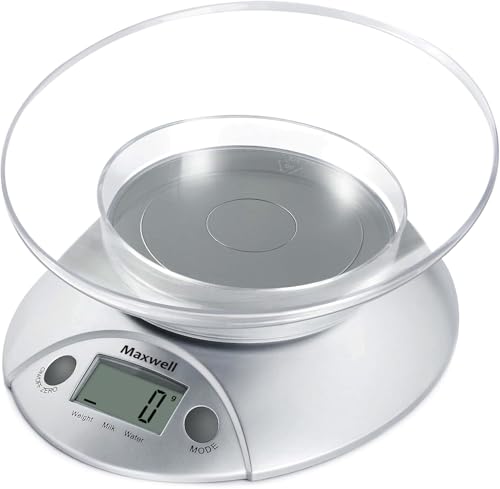 Digital Kitchen Scales Electronic Food Scales with 0.6L Bowl Liquids in ml and fl. Oz. Tare Function LCD Display Easy Storage,5kg/11lb-Silver