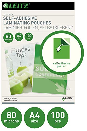 Leitz Selbstklebende Heißlaminierfolien A4 80 mic, für Schilder und Wegweiser, Hochwertige Laminierfolien im 100er Pack, Glänzend, Transparent, 33872