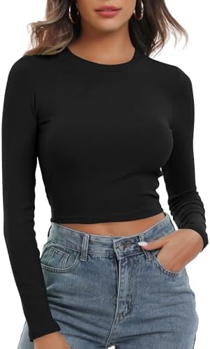 Artfish Women's Round Neck Long Sleeve Knit Ribbed Fitted Crop To...