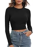 Artfish Women's Round Neck Long Sleeve Knit Ribbed Fitted Crop Top Casual Basic Shirts Black, S
