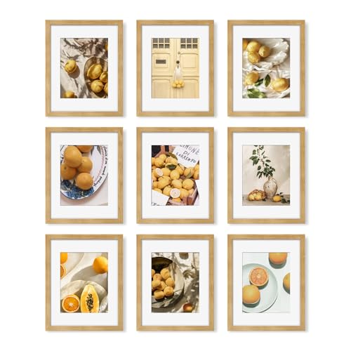 11x14 Picture Frame Set of 9, Photo Gallery Wall Frame Set, Display Pictures 8x10 with Mat or 11 x 14 Without Mat, Multi Photo Frames for Wall Mounting or Table Top Display, Natural Oak