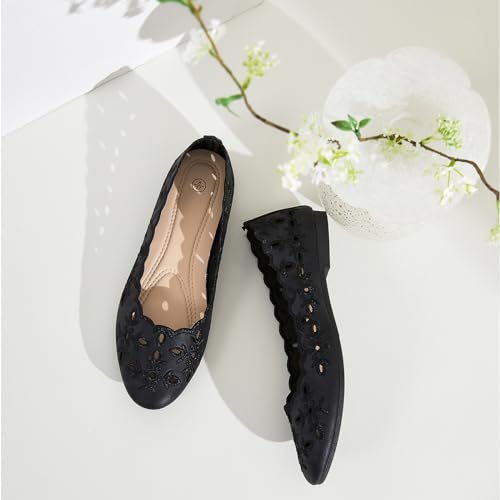 Image of Shupua Womens Flats Ballet Flats for Women Comfortable Slip on Dress Shoes | Dressy Casual Loafers, Breathable, Summer, Round Toe, PU Leather, Floral Eyelets, Comfort, Close Toe, Ladies