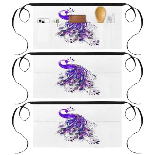 Tabliers courts de chef 3 poches aquarelle rose paon ajustables pour service et travail