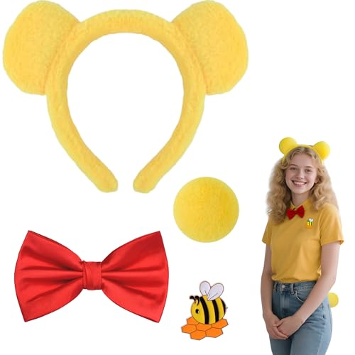 Asuaxy Yellow Bear Ears Headband Bow Tie Set for Adult Women Unisex Halloween Cosplay Cartoon Bear Costume Accessories for Party