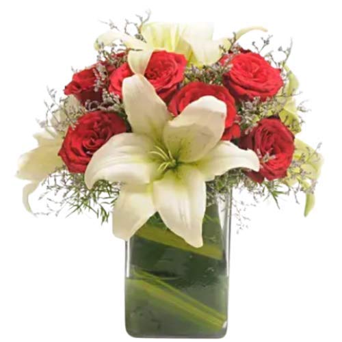 Floralbay Valentine's Day Special Fresh Flowers Glass Vase Arrangement of 10 Red Roses and 5 White Asiatic Lilies (Bunch of 15)