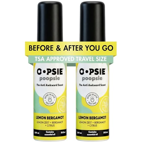 Oopsie Poopsie Toilet Spray Before & After You Go Bathroom Odor Eliminator & Neutralizer Spray Travel Size with Essential Oils TSA Approved Lemon Bergamot 2 Pack 2 Oz.