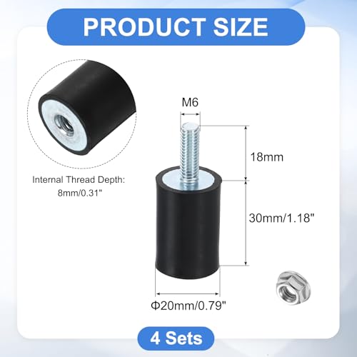 QUARKZMAN 4 Stück Gummipuffer M6x18mm, 20x30mm Gummifuß Naturgummi Mit Schraube Verzinkter Stahl Antivibrationspuffer für Luftkompressoren Pumpen Motoren Industriemaschinen