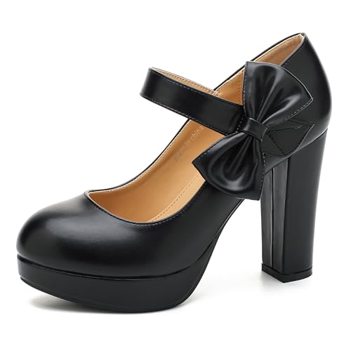 Image of MAIERNISI JESSI Women's Platform Mary Jane Pumps with Bow, 3.94 Inch Block Heel Dress Shoes